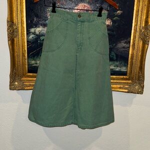 Liberte 1776 Vintage Green High Waist Denim A-Line Midi Skirt with Pockets XS